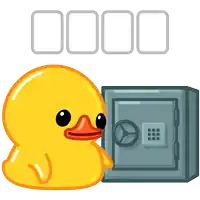 a yellow rubber duck is standing next to a safe box