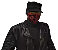 a man wearing a black hat and a green jacket has a glitch effect on his face