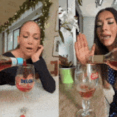 a woman pouring a glass of delola wine next to a woman pouring a glass of stella artois wine