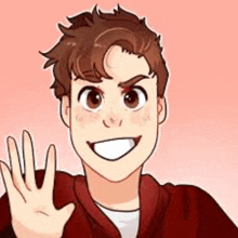 a cartoon of a young boy waving his hand .