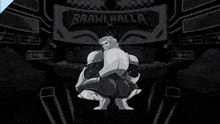 a black and white image of a man squatting in front of a sign that says wlhalla