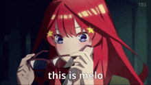 a girl with red hair and blue eyes is wearing glasses and says this is melo on the bottom