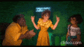 a group of cartoon characters are standing in a room talking to each other .
