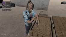 a screenshot of a video game with a woman pointing at a box