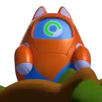 an orange robot with a blue eye and a green circle in the center