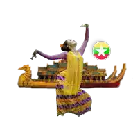 a woman in a yellow and purple dress is dancing in front of a boat and a myanmar flag