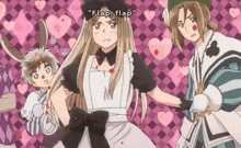 a group of anime characters standing next to each other with the words " flap flap " on the top