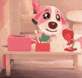 a pink and white dog is holding a hammer on a table in a room