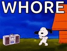 a cartoon of snoopy dancing in front of a boombox with the word whore written on it .