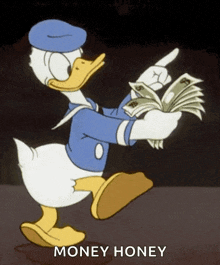donald duck is holding a bunch of money and pointing