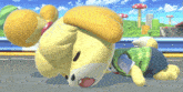 a yellow animal crossing character is laying on its back on the ground