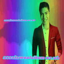 a man in a red jacket is standing in front of a colorful background that says assalamualaikum