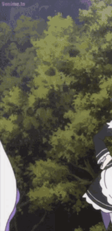 a couple of anime characters standing in front of trees