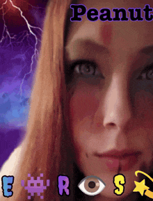 a close up of a woman 's face with the words " peanut " written above her