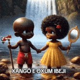 a boy and a girl are holding hands in front of a waterfall and the caption says xango e oxum ibeji