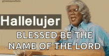 a woman is giving a speech with the words hallelujer blessed be the name of the lord