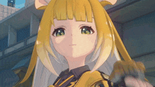 a girl with yellow hair and green eyes is standing in front of a building