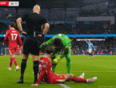a soccer player with the number 17 on his jersey is laying on the field