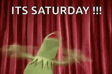 kermit the frog is dancing in front of a red curtain and saying `` it 's saturday !!! ''