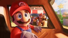a cartoon of mario in a car with a sign that says tar wash in the background