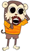 a cartoon monkey wearing a yellow and orange striped shirt