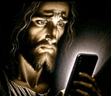 a painting of jesus looking at a cellphone