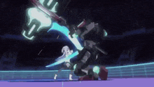 a cartoon character is fighting a robot in a video game with a sword .
