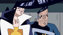 two cartoon characters are standing next to each other with one wearing a hat that says e/o