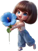a little girl is holding a blue flower and smiling