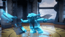 a blue lego figure is standing on a circular table