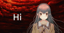 a girl with long hair is standing in front of a red sky with the words hi written in white letters .