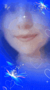 a woman 's face is surrounded by blue flowers and hearts on a blue background