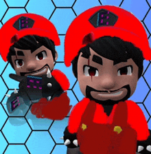 a cartoon character wearing a red hat with a letter b on it