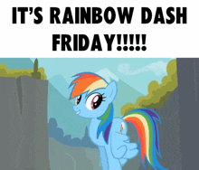 a picture of a pony with the words " it 's rainbow dash friday "