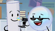 a cartoon character is holding a drill next to a cartoon character with sunglasses .
