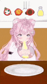 a pink haired anime girl is sitting at a table drinking from a bowl