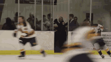 a hockey game is being played in front of a sign that says mses architecture