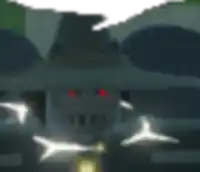 a cartoon character with red eyes and a hat is standing in a dark room .
