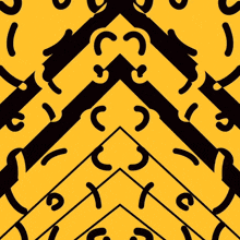 a yellow background with black letters and a red object in the middle