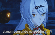 a picture of a girl with the words " yixuan pensando na pudding " on the bottom