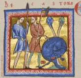 a page from a book shows a man holding a spear and a man holding a sword