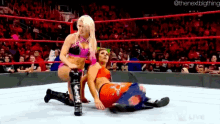 two women are wrestling in a ring with a crowd in the background .