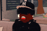 a person wearing a ny yankees hat and a supreme hoodie sits on a couch