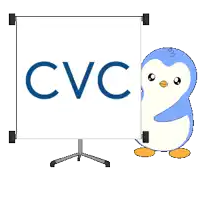 a penguin is standing in front of a cvc capital partners sign