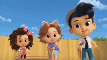 three cartoon characters are standing next to each other