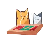a box of pizza with smoke coming out of it and a cat on top of it