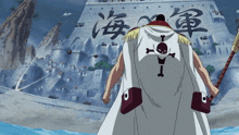 a man in a white cape stands in front of a building with chinese characters on it