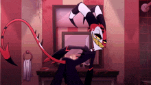 a cartoon character with a long red tail is standing in a bathroom