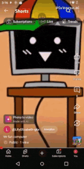 a screenshot of the pixverse app shows a cartoon character standing in front of a computer monitor