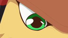 a close up of a cartoon character 's eye with a green pupil